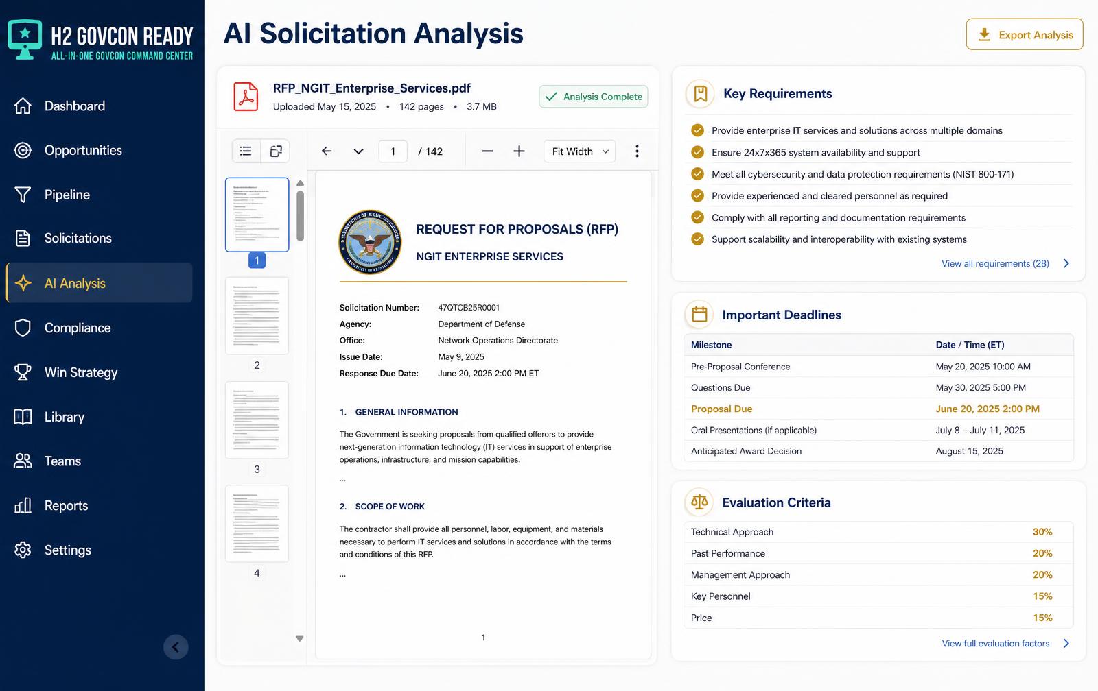 AI Solicitation Analysis screen in H2 GovCon Ready™
