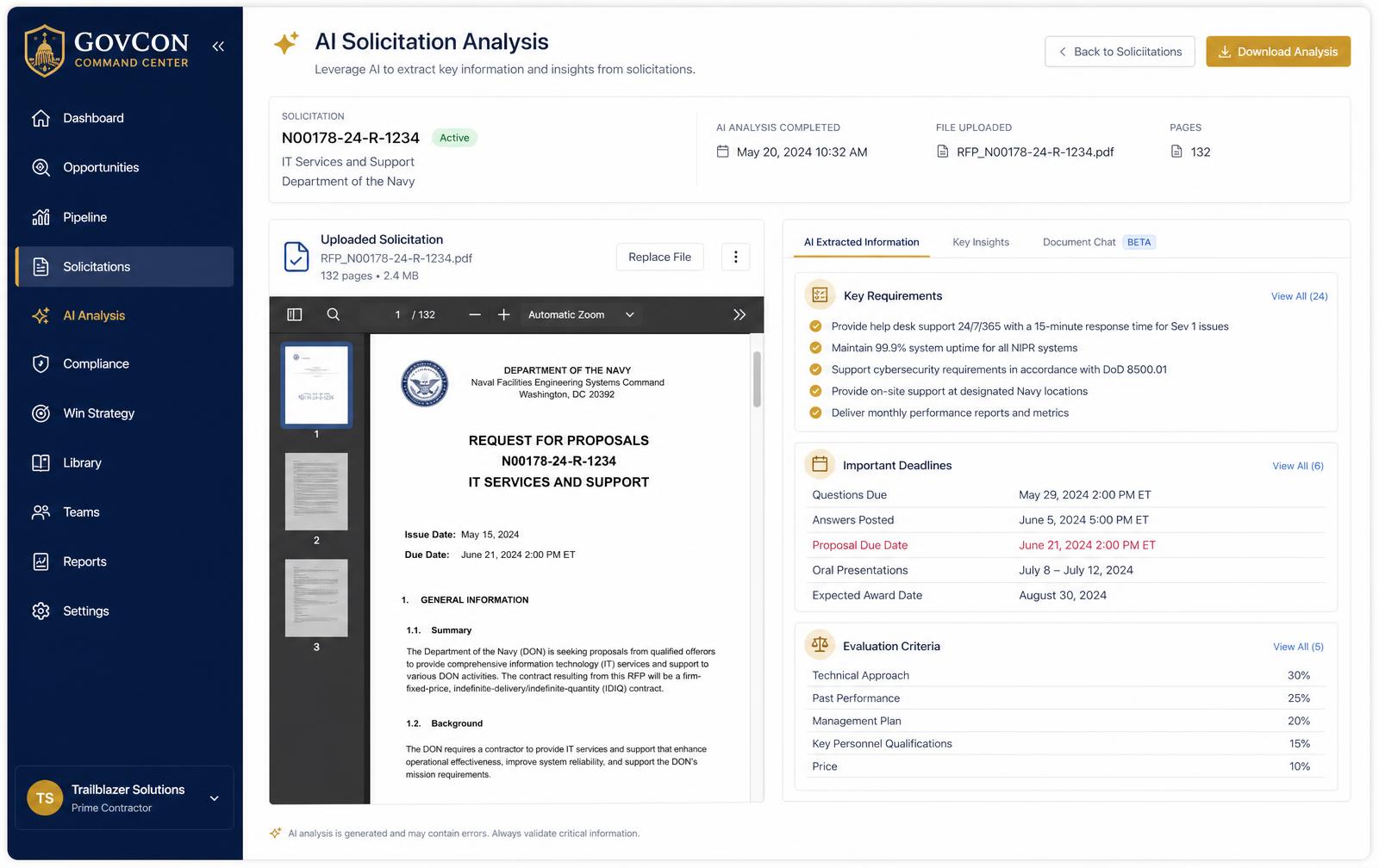AI Solicitation Analysis screen in the GovCon Command Center