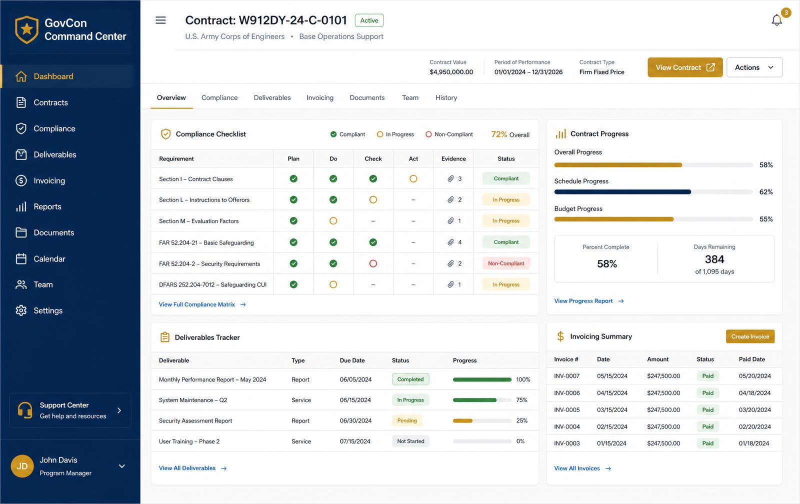 Compliance & Contract Management screen in the GovCon Command Center