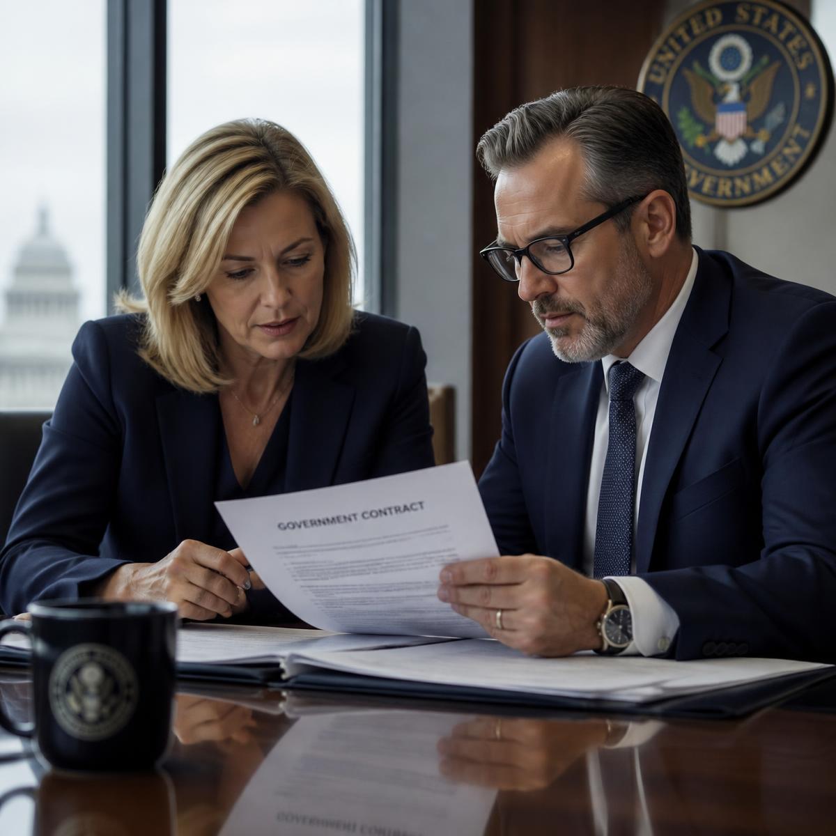 Two professionals reviewing a government contract at a conference table