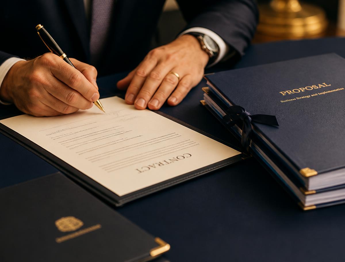 Hands signing a contract beside bound proposal documents
