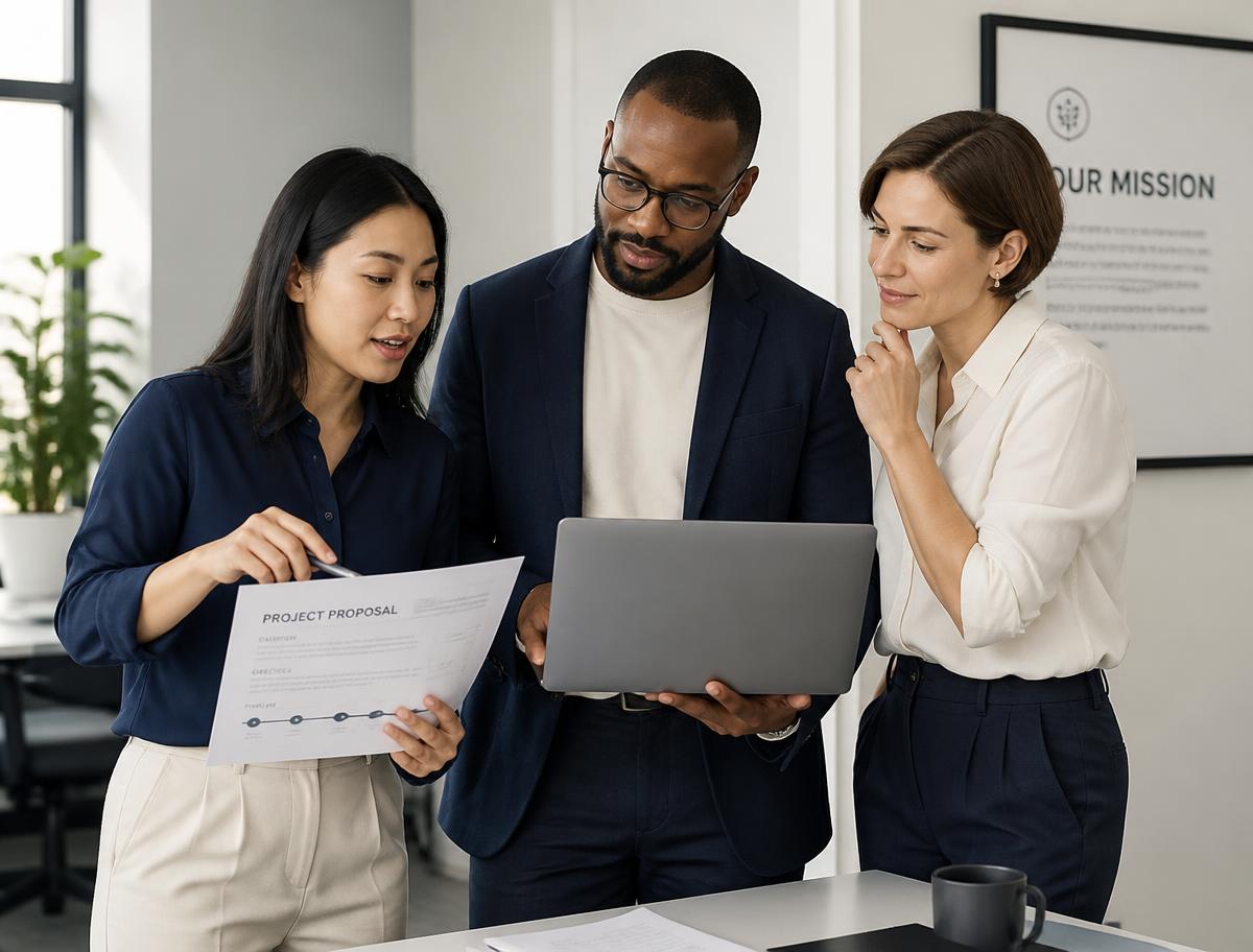 A small business team reviewing a proposal together